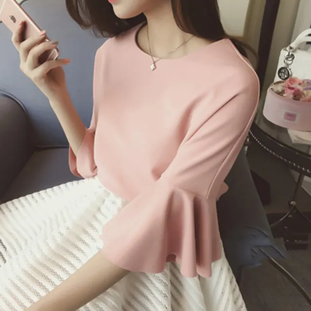 Autumn Korean Style O Neckwomen T Shirtfemale Casual Trumpet Sleeves White Top Tee Harajuku Elegant Ol Work Plus Size Clothing Pink - Shop at LoveMi