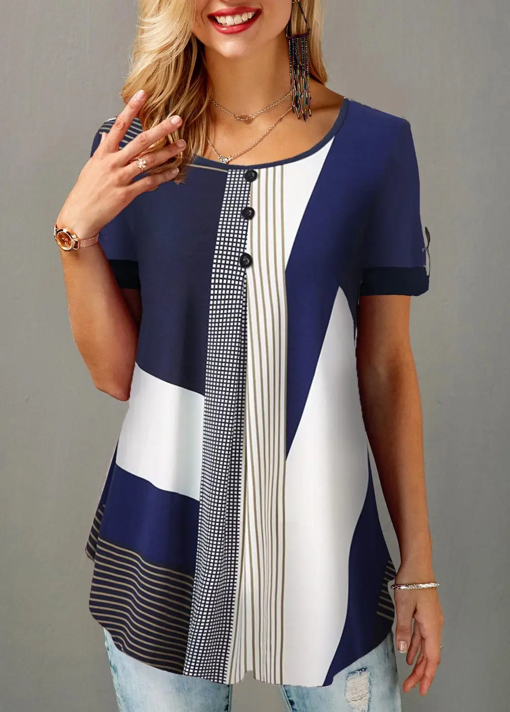 Printed Round Neck Button Short-sleeved T-shirt - Blue