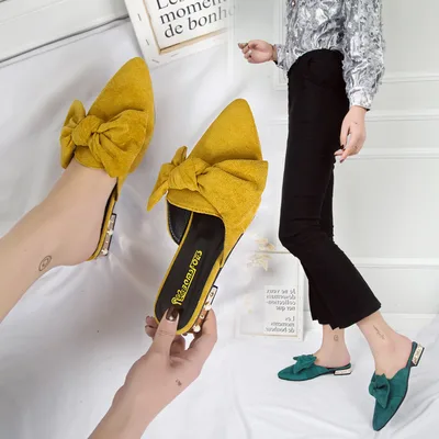 Flat Bottomed Pointed Suede Fashion Lazy Half Drag Baotou Slippers Yellow - Shop at LoveMi