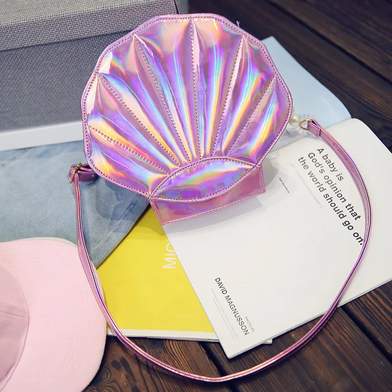 Fashion Brand Design Laser Sweet Shell Chain Shoulder Bag Clutch Bag Girl'S Messenger Handbag Flap - Pink