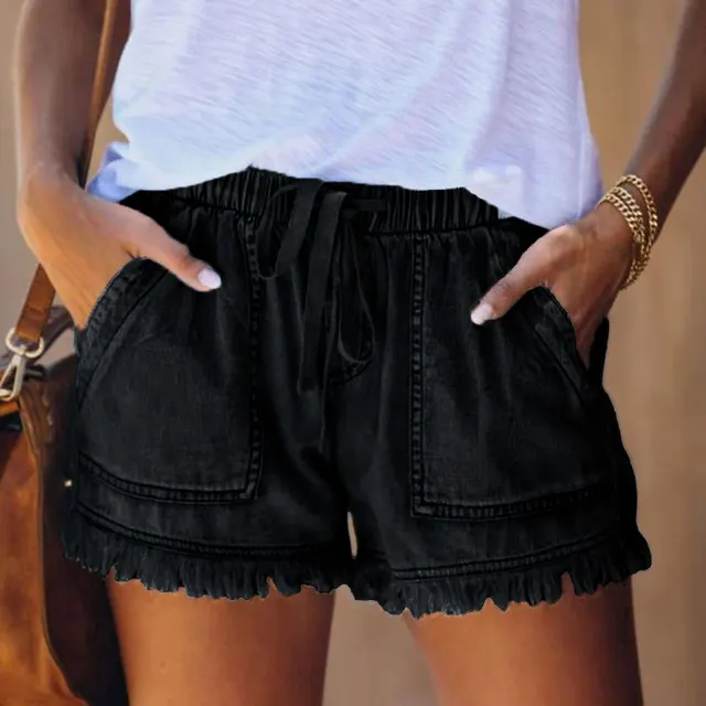 Nuovo Arrivo Casual Estate Vendita Calda Tasca Jeans Denim Donna Pantaloncini Alta Nappa Fasciatura Jeans Corti Sexy Black - Shop at LoveMi