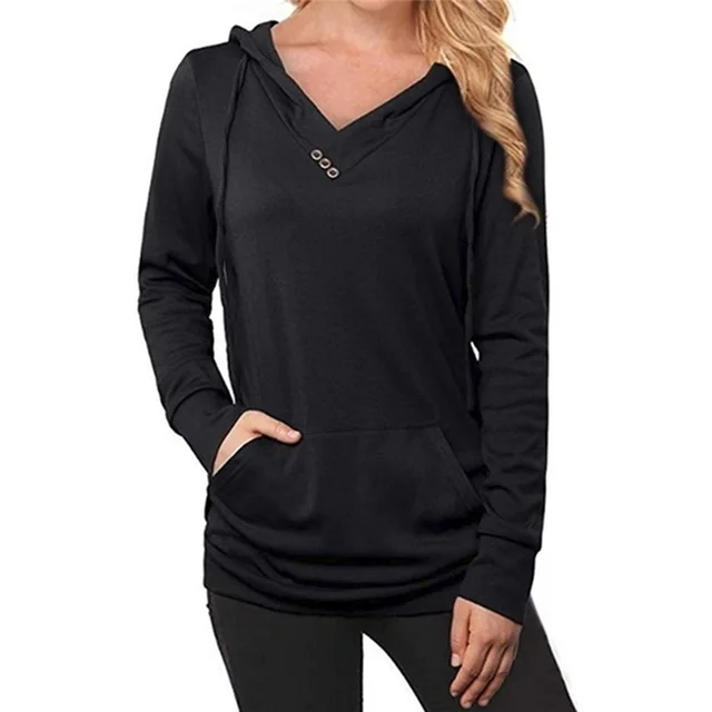 Solid Color Hooded V Neck Pullover Sweatshirt Black - Shop at LoveMi