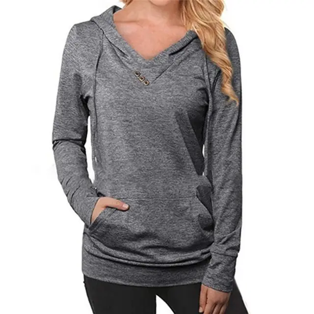 Solid Color Hooded V Neck Pullover Sweatshirt Gray - Shop at LoveMi