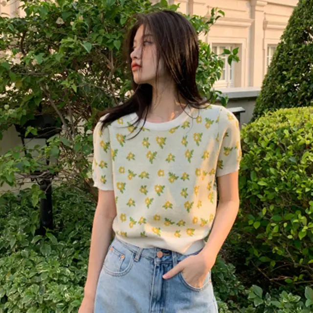 Round Neck Small Floral Knit Short Sleeved T Shirt White - Shop at LoveMi