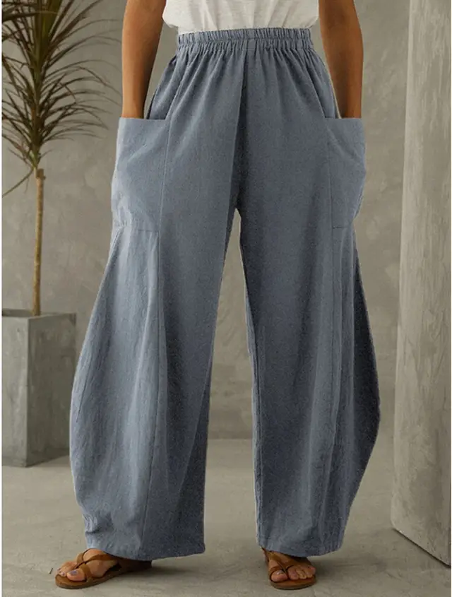 Solid Color Pocket Elastic Waist Casual Trousers Grey - Shop at LoveMi