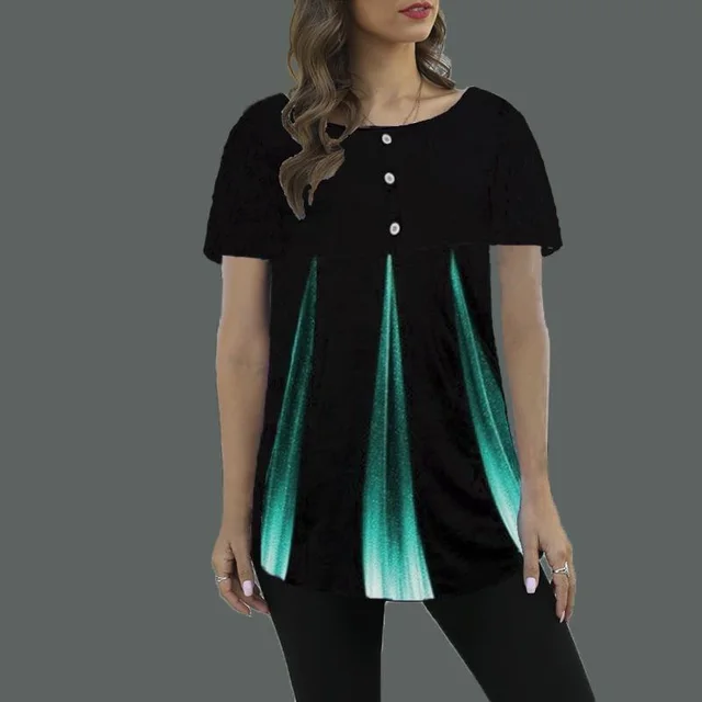 Round Neck Gradient Print Loose fitting Short sleeved Women's T shirt Light Green - Shop at LoveMi