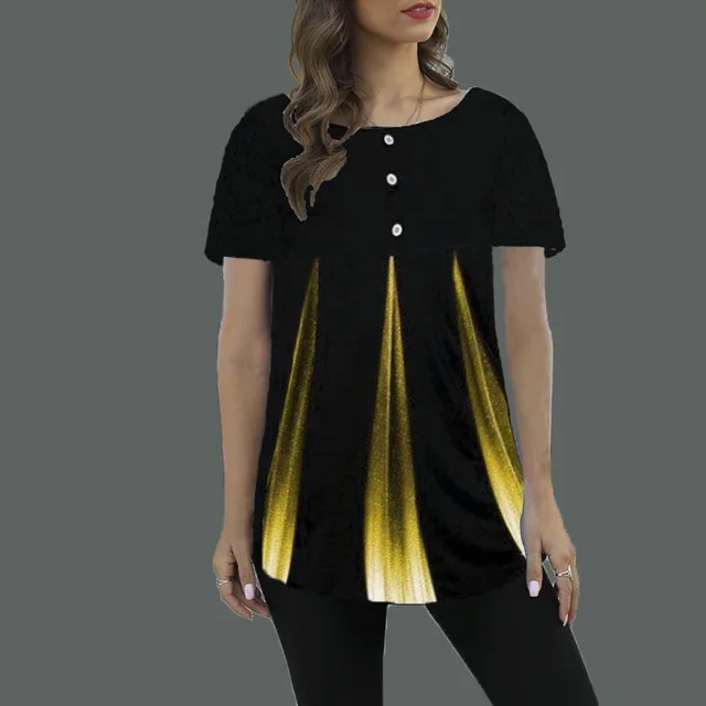 Round Neck Gradient Print Loose fitting Short sleeved Women's T shirt Yellow - Shop at LoveMi