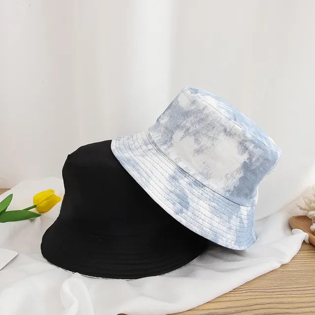 Tie dyed Fisherman Hat Female Double sided Thin Style Leisure Travel Sunshade Flat Top Basin Blue Tie Dye - Shop at LoveMi
