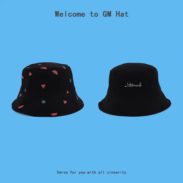 Tie dyed Fisherman Hat Female Double sided Thin Style Leisure Travel Sunshade Flat Top Basin Watermelon Black - Shop at LoveMi