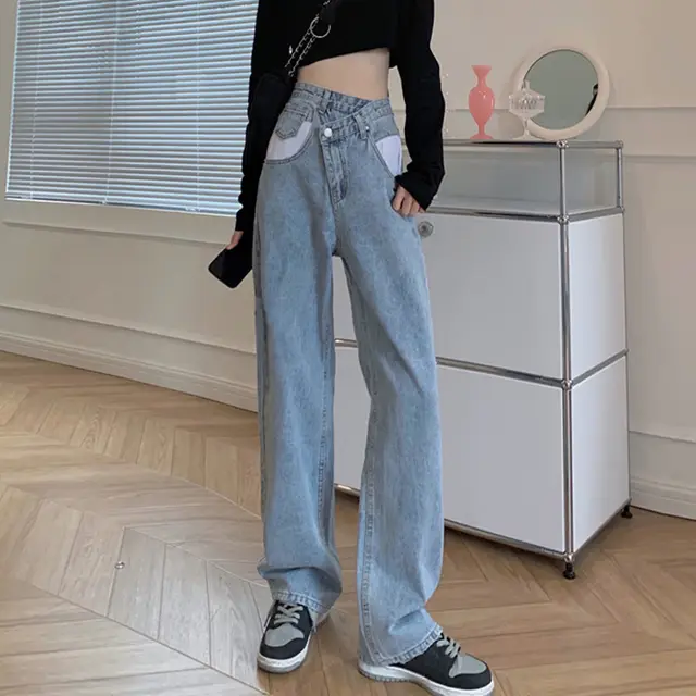 High rise Wide leg Casual Straight leg Mopping Jeans Blue - Shop at LoveMi
