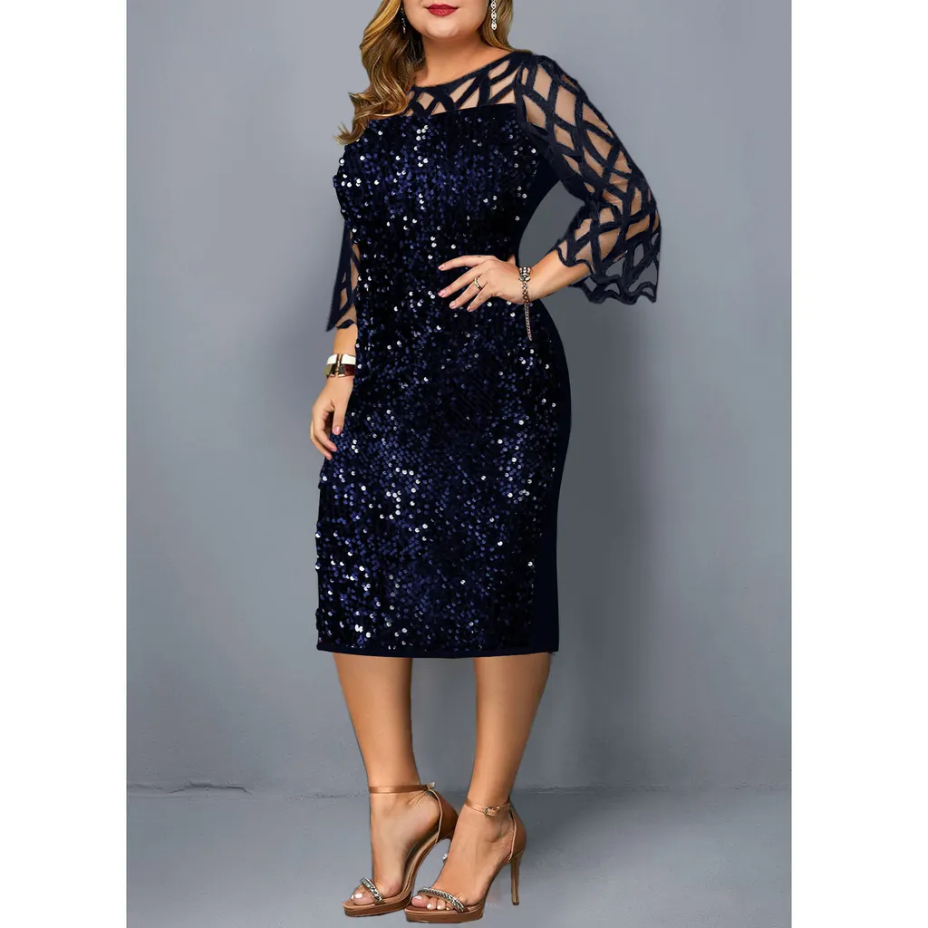 Plus Size Sequin Birthday Party Dress - Navy Blue