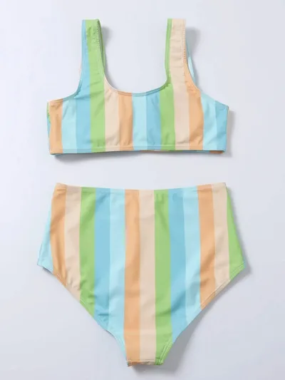 Striped Print Bikini High Waist Swimsuit Green - Shop at LoveMi