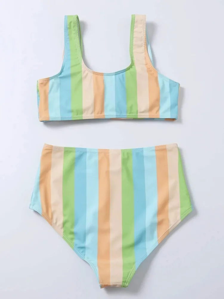 Striped Print Bikini High Waist Swimsuit Green - Shop at LoveMi