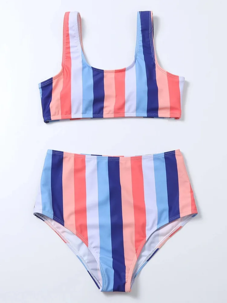 Striped Print Bikini High Waist Swimsuit Pink - Shop at LoveMi