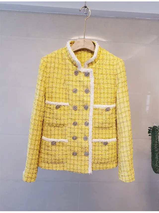 Autumn And Winter Xiaoxiang Short Coat Female Ladies Stand Collar Double Breasted Tweed Coat Yellow - Shop at LoveMi