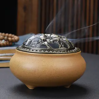 Copper Lid Ceramic Incense Burner Buddha with Antique Alloy Wire Incense Burner - Yellow