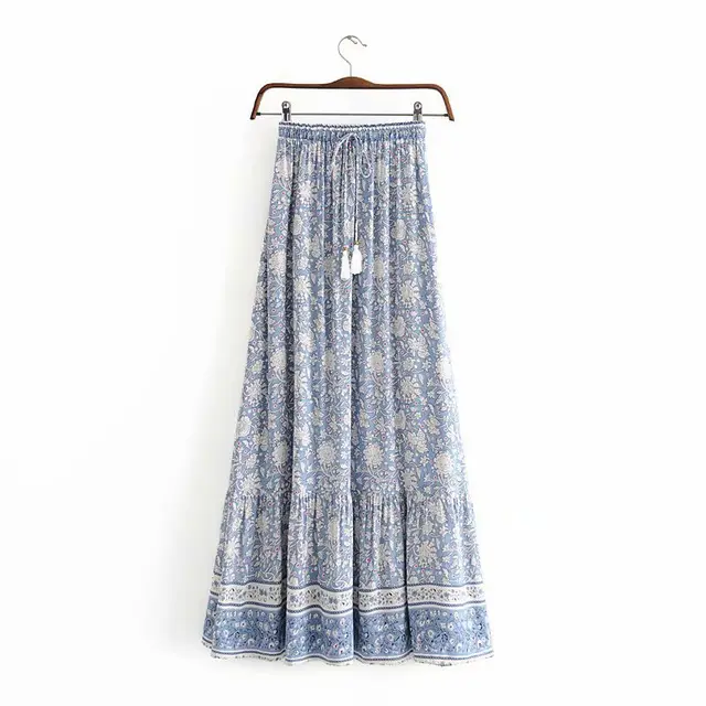 Retro Flower Print Elastic Waist Lace Up Skirt Seaside Holiday Style Elegant Long Skirt Blue8478 - Shop at LoveMi
