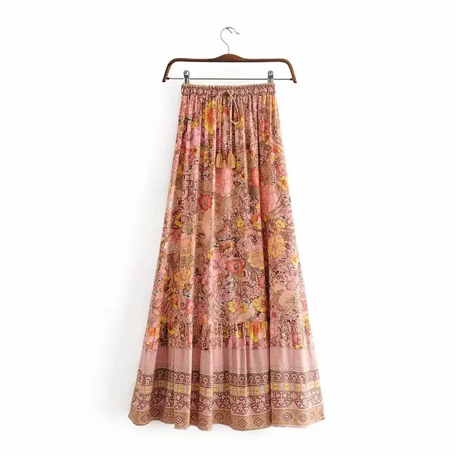 Retro Flower Print Elastic Waist Lace Up Skirt Seaside Holiday Style Elegant Long Skirt Yellow8482 - Shop at LoveMi