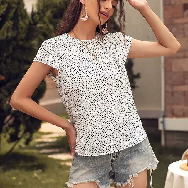 Round Neck Floral Polka Dot Short Sleeves White - Shop at LoveMi