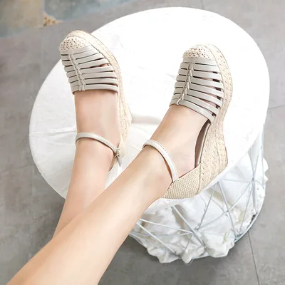 Summer New Thick Soled Espadrille Wedges High Heels Hemp Rope Sandals Female Roman Shoes White - Shop at LoveMi