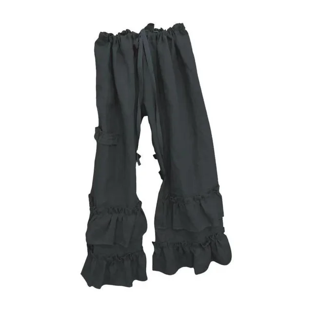 Cotton Linen Folds Casual Ruffled Loose Pocket Pants wide leg pants bell bottom pants Black - Shop at LoveMi