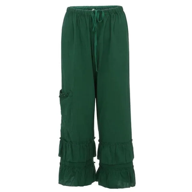 Cotton Linen Folds Casual Ruffled Loose Pocket Pants wide leg pants bell bottom pants Green - Shop at LoveMi