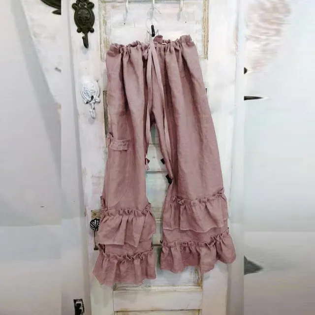 Cotton Linen Folds Casual Ruffled Loose Pocket Pants wide leg pants bell bottom pants Pink - Shop at LoveMi
