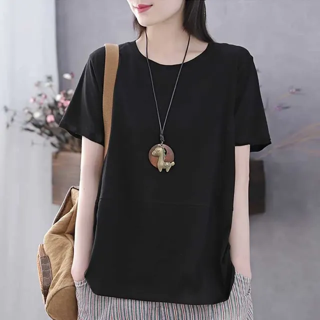 Literary Short Sleeved All Match Solid Color T Shirt Black - Shop at LoveMi