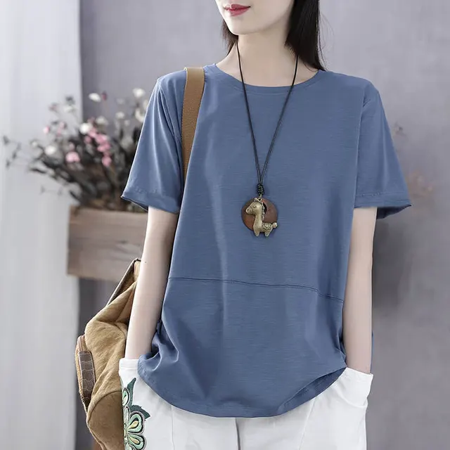 Literary Short Sleeved All Match Solid Color T Shirt Blue - Shop at LoveMi