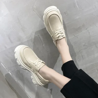 Flats Platform Shoes Sole Chunky Round Toe Beautoday Lace Up Genuine Cow Leather Women Beige - Shop at LoveMi