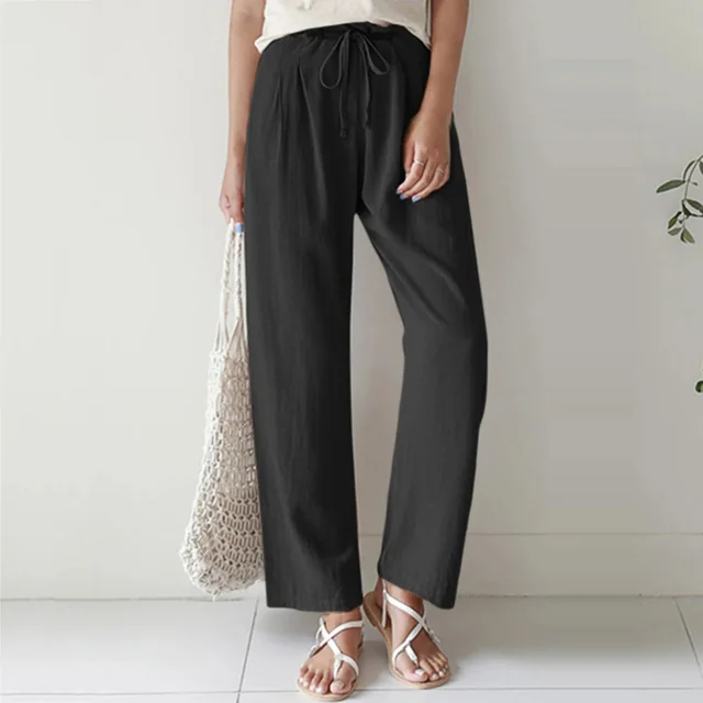 Women's Solid Color Elastic Waist Cotton And Linen Trousers Black - Shop at LoveMi