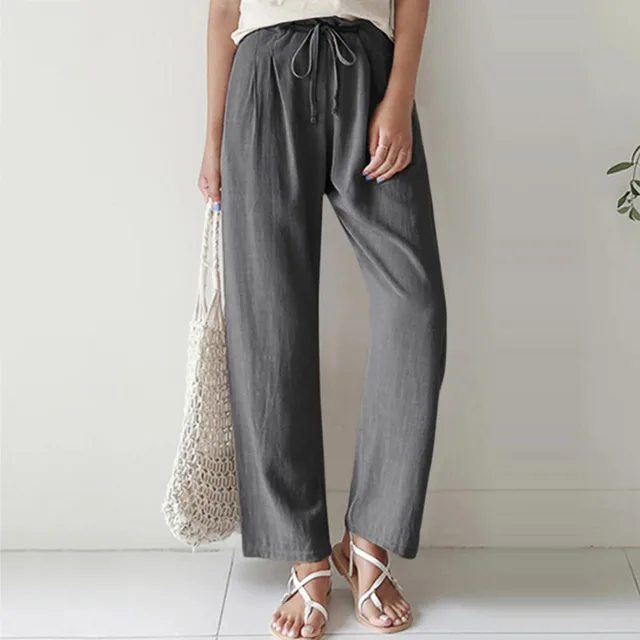 Women's Solid Color Elastic Waist Cotton And Linen Trousers Grey - Shop at LoveMi