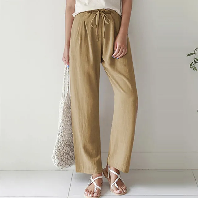 Women's Solid Color Elastic Waist Cotton And Linen Trousers Khaki - Shop at LoveMi