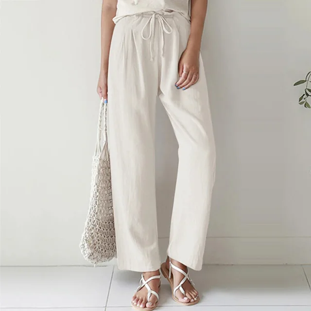 Women's Solid Color Elastic Waist Cotton And Linen Trousers White - Shop at LoveMi