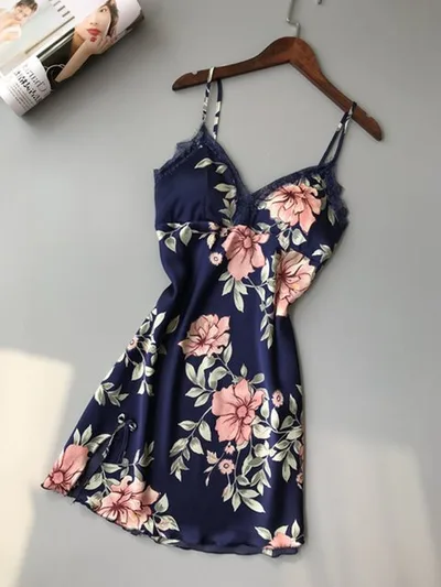 Robe Underwear women's night dress lace sleepwear Silk Satin Blue - Shop at LoveMi