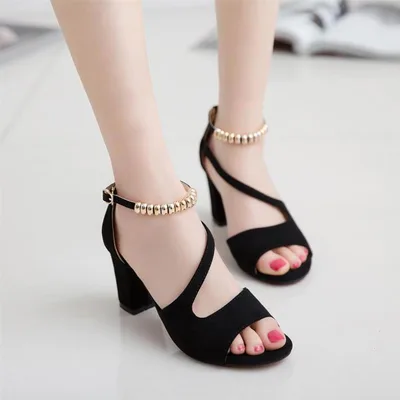 One Word Buckle Mid Heel Thick Heel High Heels Shoes Back Bag Heel Shoes Black - Shop at LoveMi