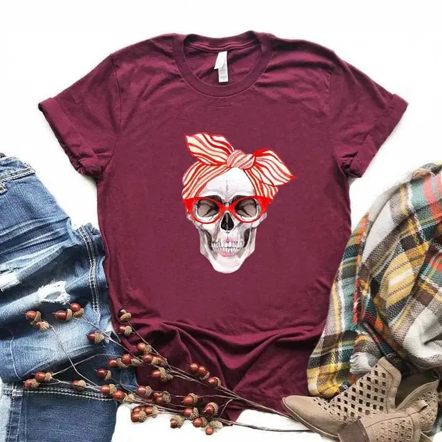 Skull Pattern Short Sleeved T Shirt Top Women Trendy Clothing Red Wine - Shop at LoveMi