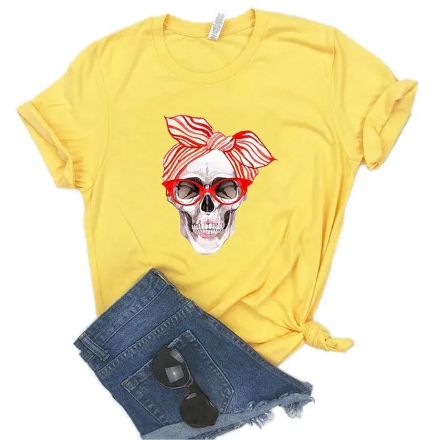 Skull Pattern Short Sleeved T Shirt Top Women Trendy Clothing Yellow - Shop at LoveMi