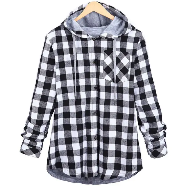 Checked Hooded Cardigan Pocket Multicolor Ladies Sweatshirt Black - Shop at LoveMi