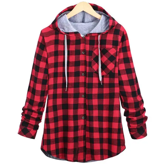 Checked Hooded Cardigan Pocket Multicolor Ladies Sweatshirt Red - Shop at LoveMi