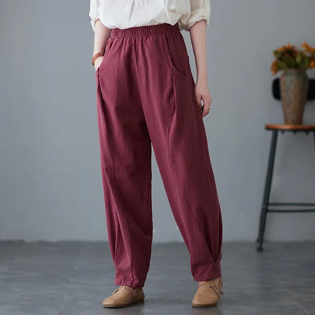 Women's Solid Color Slimming Elastic Waist Casual Pants Red - Shop at LoveMi
