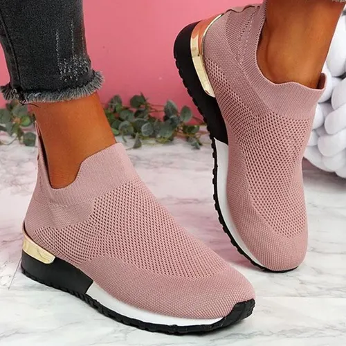 New Style Flying Knit Socks Shoes Stretch Cloth 43 Size Women's Shoes Pink - Shop at LoveMi