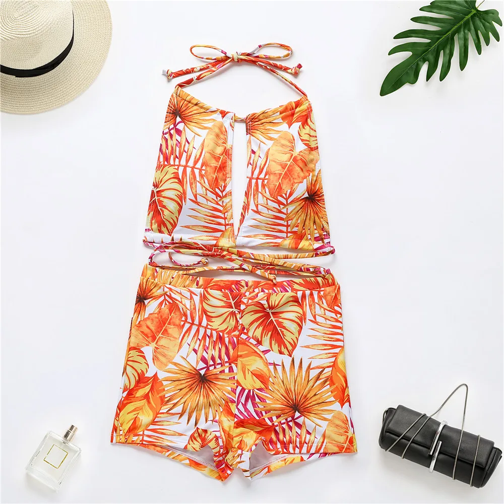 Swimsuit New Multi-rope Cross Bikini Europe and America Boxer Swimsuit High Waist - Pink - View 1