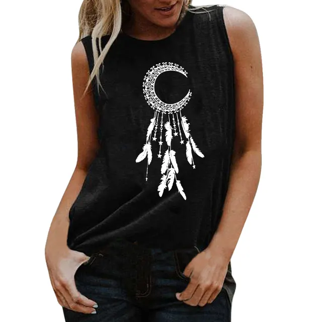 New Sleeveless Vest With Upside Down Feather Print Black - Shop at LoveMi