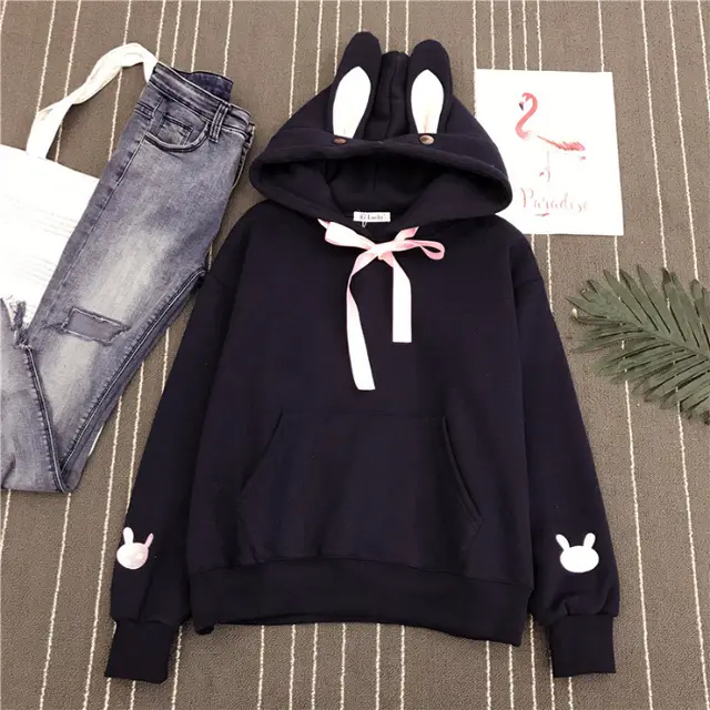 Korean Loose Hooded Bunny Jacket Sweater Black - Shop at LoveMi