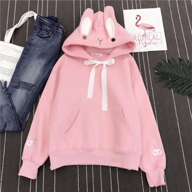 Korean Loose Hooded Bunny Jacket Sweater Pink - Shop at LoveMi