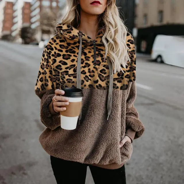 In Hot Sexy Female Leopard Zipper Pockets Coat Wool Red Khaki - Shop at LoveMi