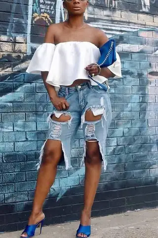 Ripped Denim Shorts Loose Straight Denim Five-quarter Pants - Light Color - View 1