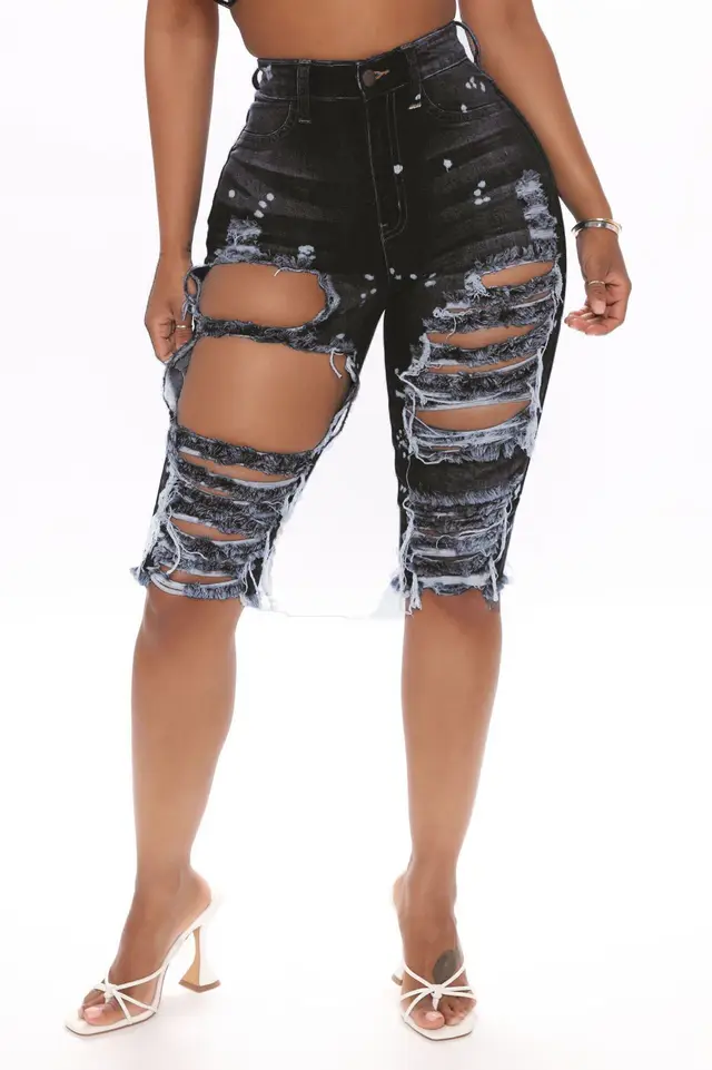 Xia Europe And The United States Ripped Elastic Denim Pants Black Spray Paint - Shop at LoveMi