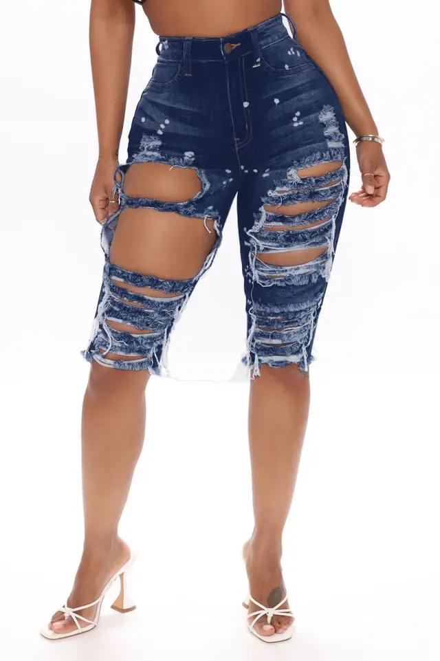 Xia Europe And The United States Ripped Elastic Denim Pants Dark Blue Spray Paint - Shop at LoveMi
